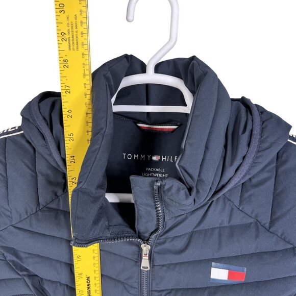 Tommy Hilfiger Women M Puffer Hooded Jacket Branded Strip Down Sleeves Flag Logo - Picture 12 of 16